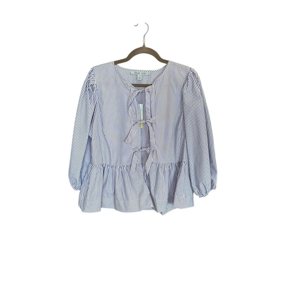 Blue Sol Striped Peplum Blouse Blue White Triple Bow Front Puff Sleeve Large NEW